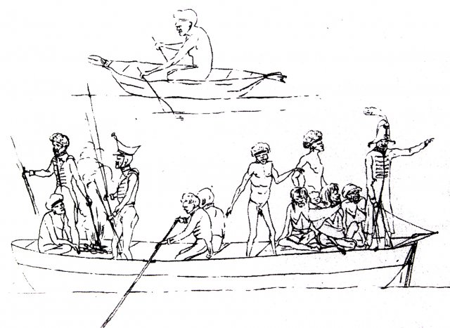 Jules Lejeune's sketch of Bungaree in boat and other members of his family. 